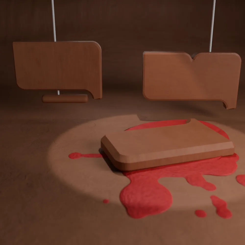 A squashed red claymation character melted into a puddle on a wooden slab, with two more character slabs hanging in the background
